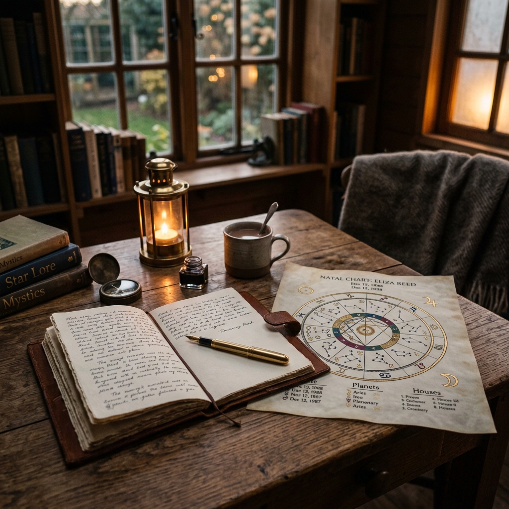 Escritorio acogedor con diario de cuero y carta astral iluminada