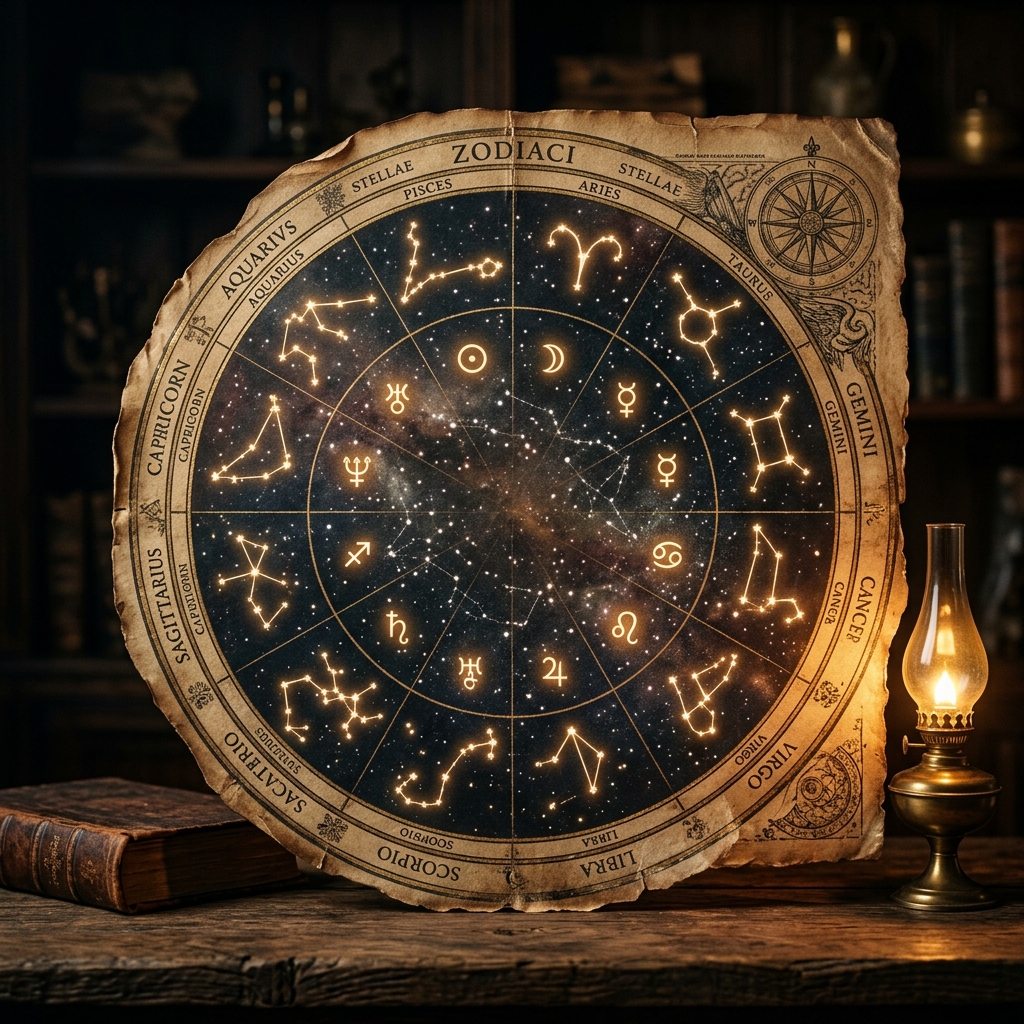 Rueda del zodiaco con símbolos astrológicos y planetarios dorados